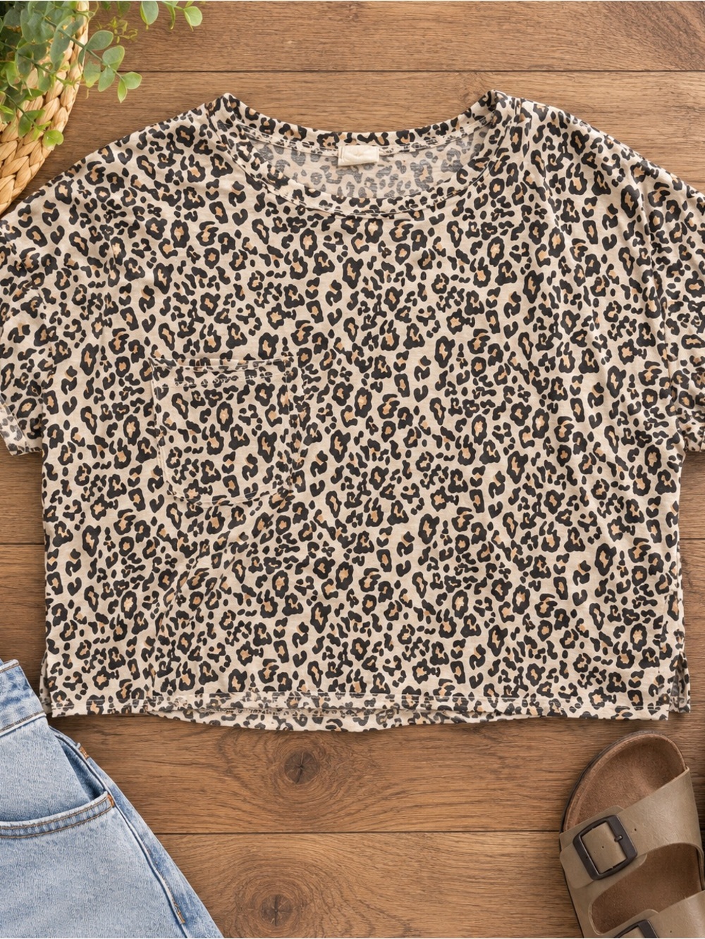 White Crow Beige Leopard Print Crop Tee